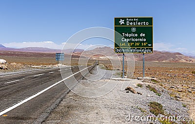 Tropic of Capricorn crossing sign, Route 23, Chile Editorial Stock Photo